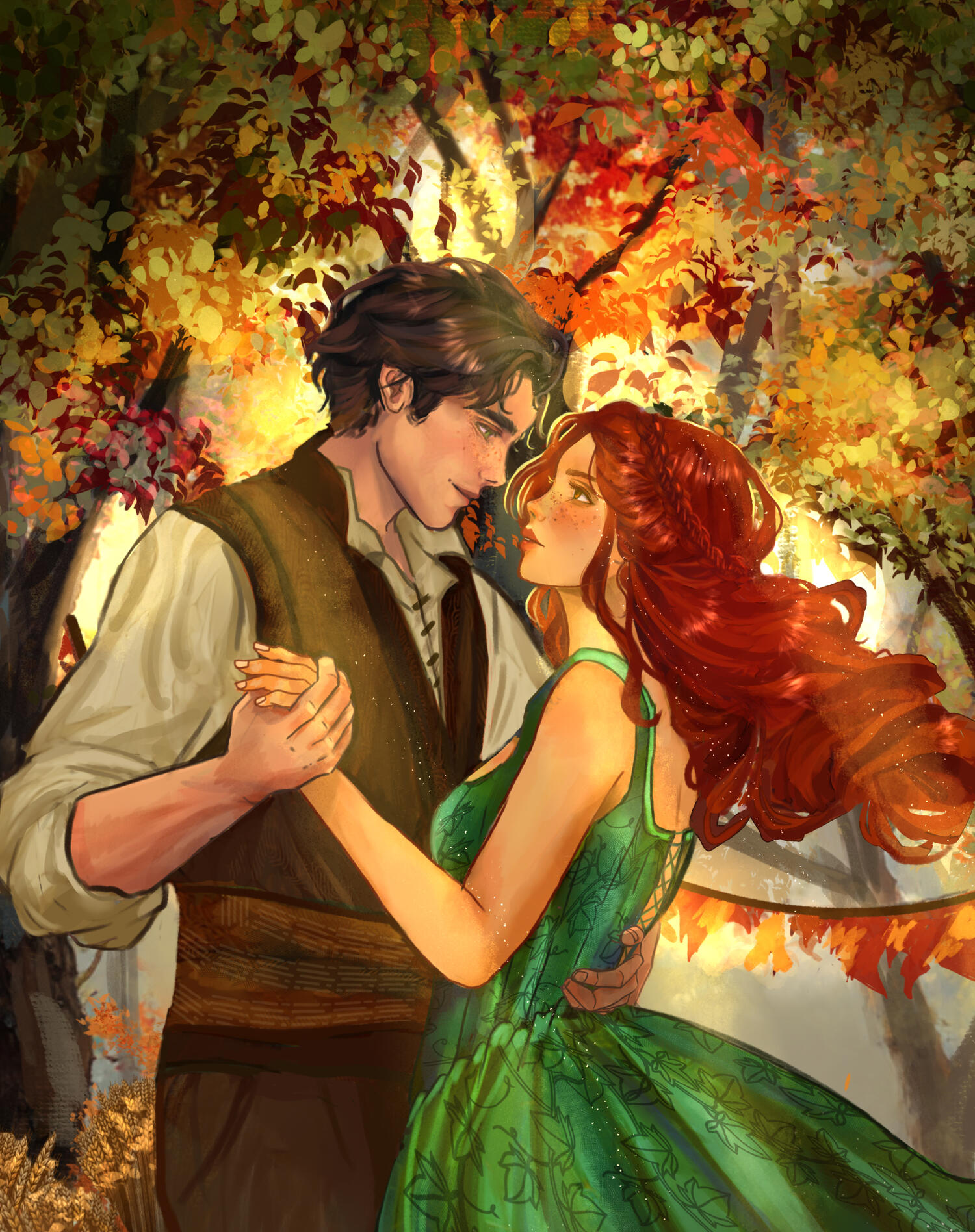 Midharvest Art The main characters from Shadow Sword (a white man with brown hair and a white woman with red hair) dancing in a forest.